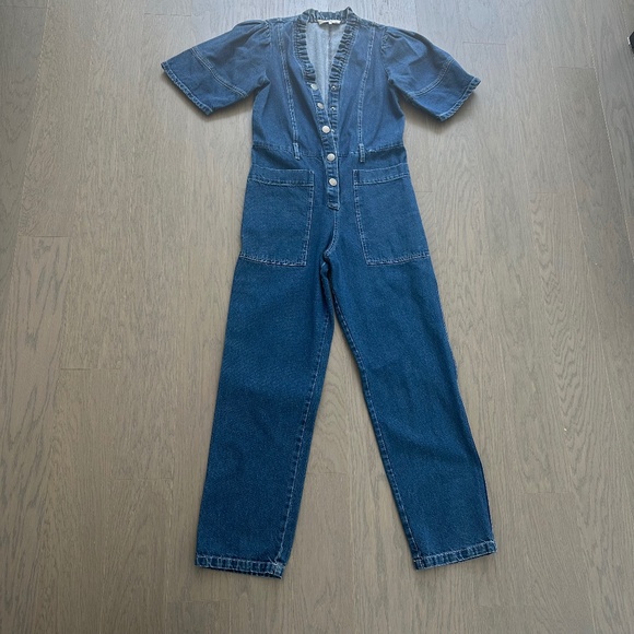Sea New York Marble Denim Ruffle Button Front Jumpsuit - Size 2 - Picture 2 of 11
